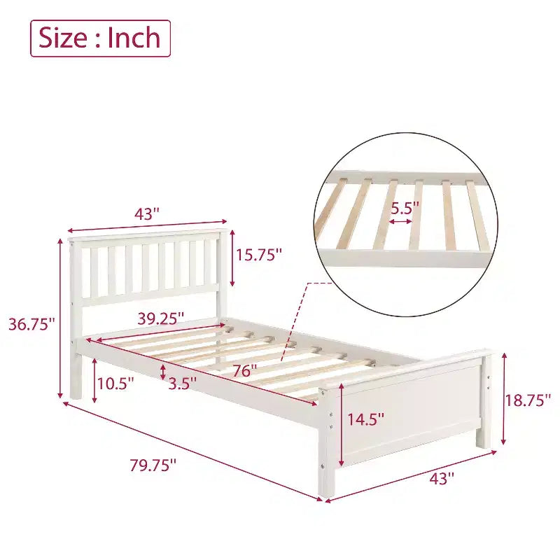 Letto a piattaforma singolo in legno con testiera e pediera – Noce / Bianco, 1 persona