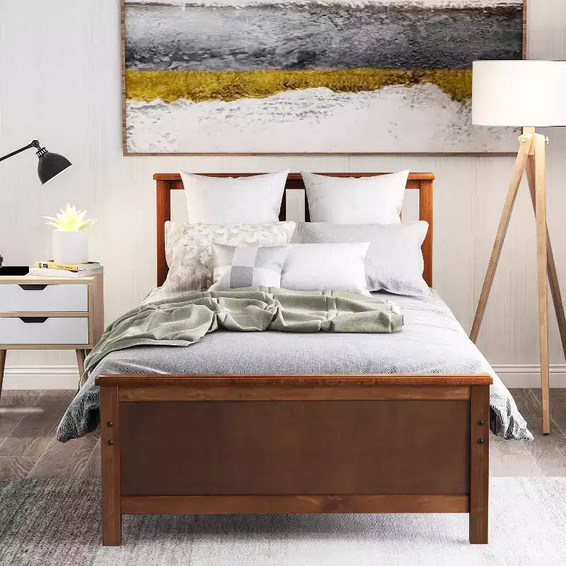Letto a piattaforma singolo in legno con testiera e pediera – Noce / Bianco, 1 persona