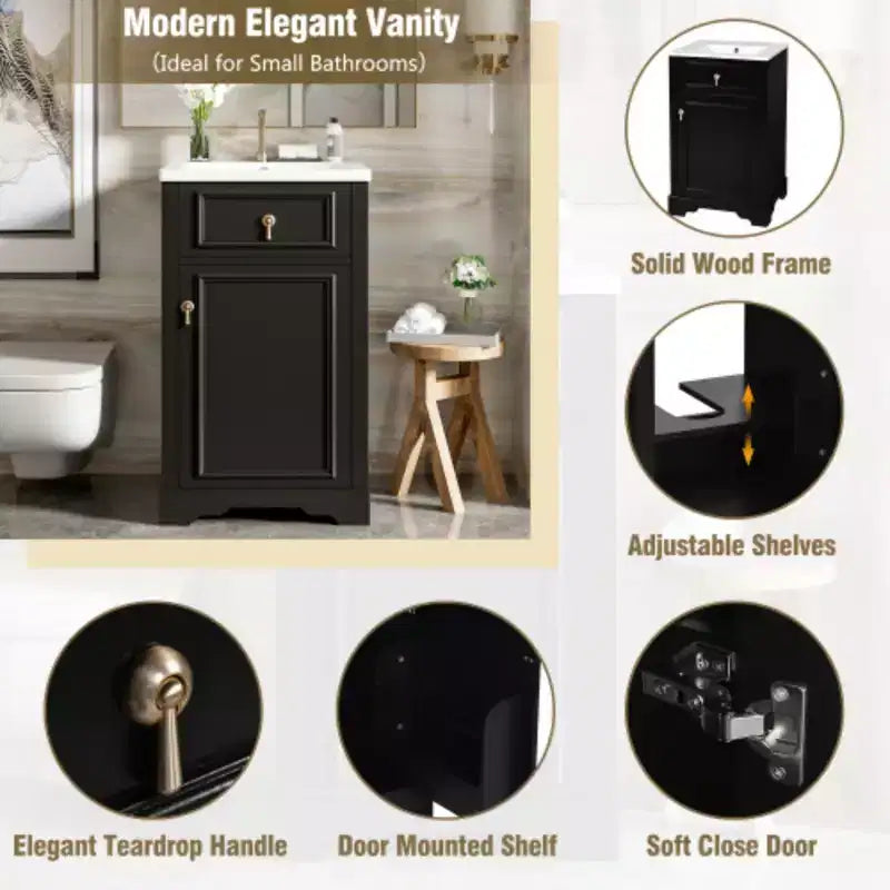 Mobile lavabo da bagno nero/bianco con lavello in ceramica, a installazione libera