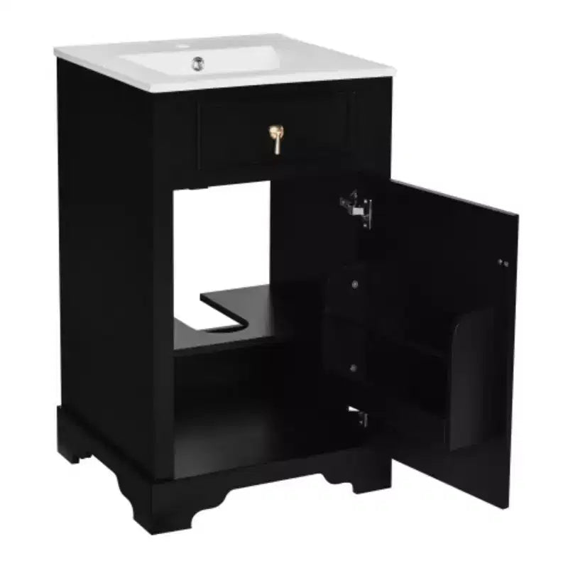 Mobile lavabo da bagno nero/bianco con lavello in ceramica, a installazione libera