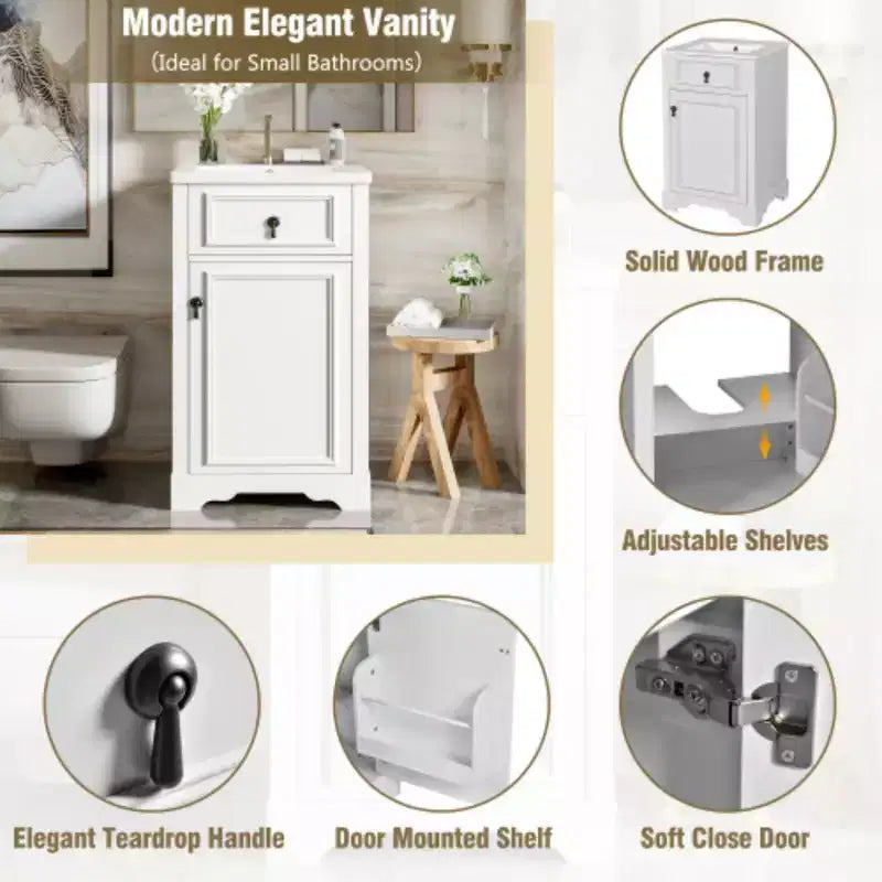 Mobile lavabo da bagno nero/bianco con lavello in ceramica, a installazione libera