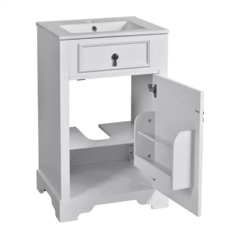 Mobile lavabo da bagno nero/bianco con lavello in ceramica, a installazione libera
