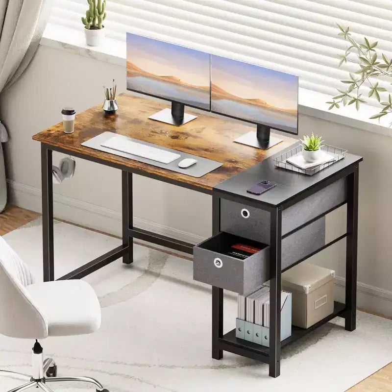 Computer Desk with Drawers 55 Inch Home Office Desk Writing Desk Work Desk PC Table Study Desk with 2-Tier Drawers Storage Shelf Side Hook