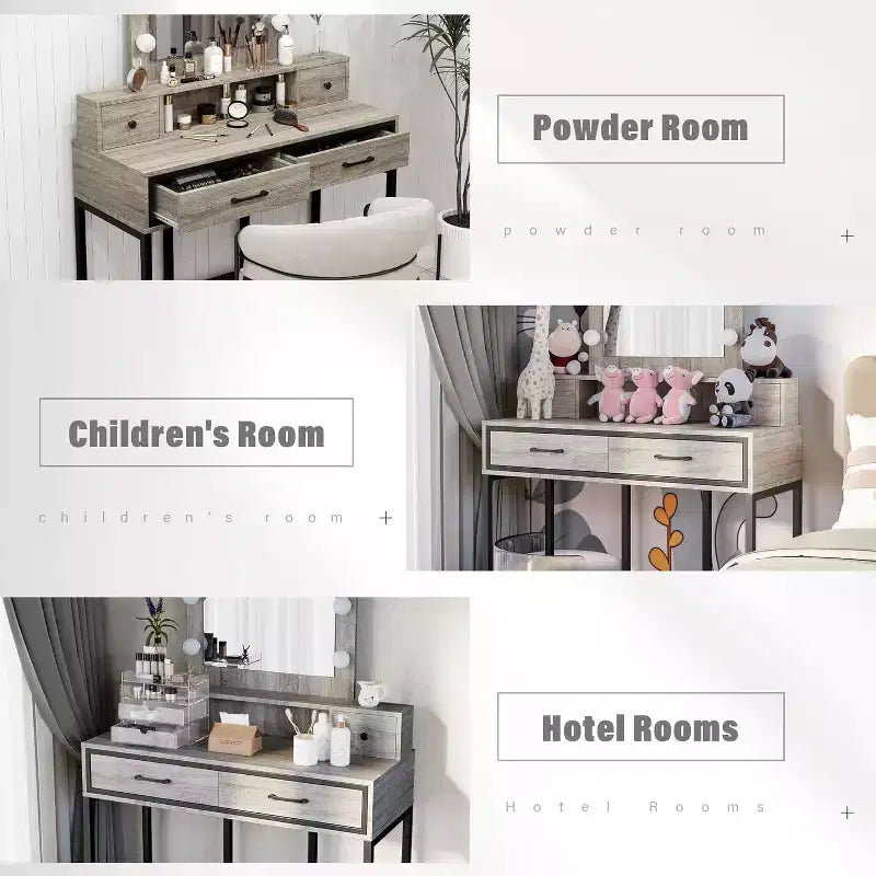 Heynemo Tavolo da Trucco con Specchio Hollywood Illuminato a 3 Colori Dimmerabili, Vanity per Trucco con 4 Cassetti