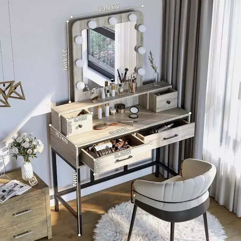Heynemo Tavolo da Trucco con Specchio Hollywood Illuminato a 3 Colori Dimmerabili, Vanity per Trucco con 4 Cassetti