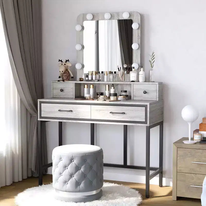 Heynemo Tavolo da Trucco con Specchio Hollywood Illuminato a 3 Colori Dimmerabili, Vanity per Trucco con 4 Cassetti