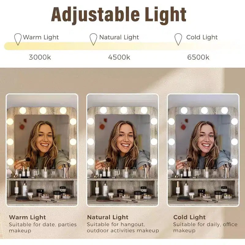 Heynemo Tavolo da Trucco con Specchio Hollywood Illuminato a 3 Colori Dimmerabili, Vanity per Trucco con 4 Cassetti