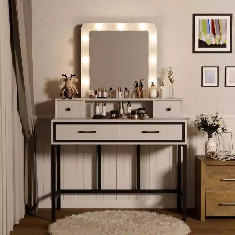 Heynemo Tavolo da Trucco con Specchio Hollywood Illuminato a 3 Colori Dimmerabili, Vanity per Trucco con 4 Cassetti