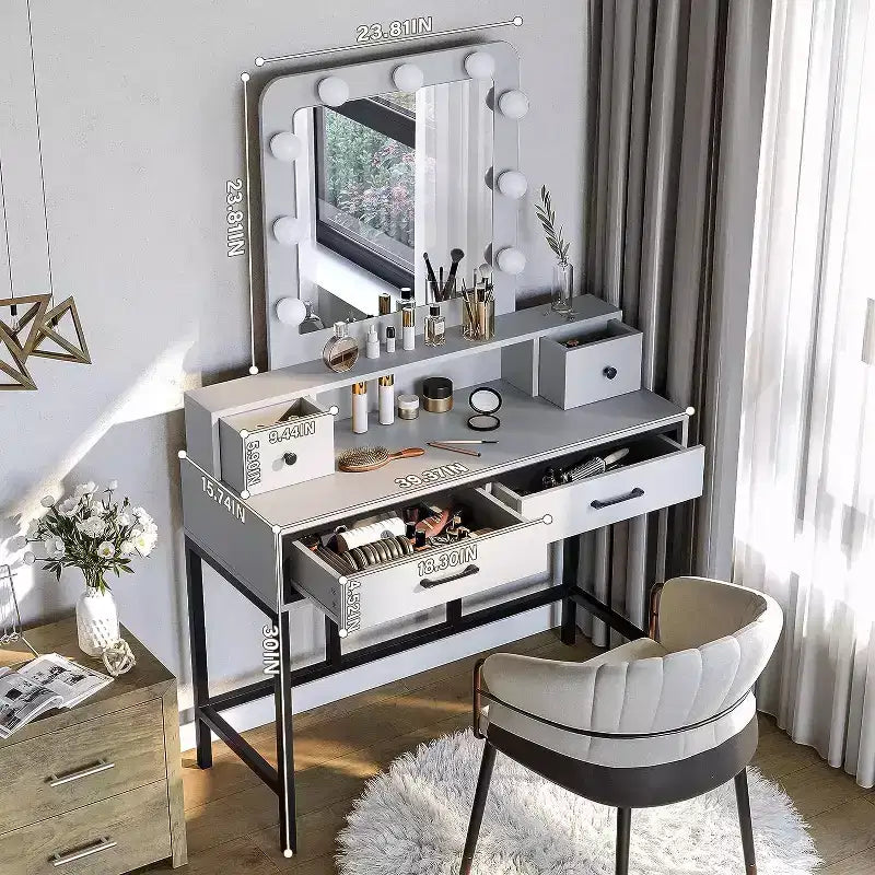 Heynemo Tavolo da Trucco con Specchio Hollywood Illuminato a 3 Colori Dimmerabili, Vanity per Trucco con 4 Cassetti