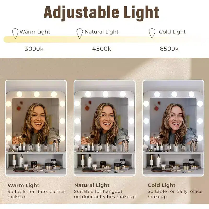 Heynemo Tavolo da Trucco con Specchio Hollywood Illuminato a 3 Colori Dimmerabili, Vanity per Trucco con 4 Cassetti
