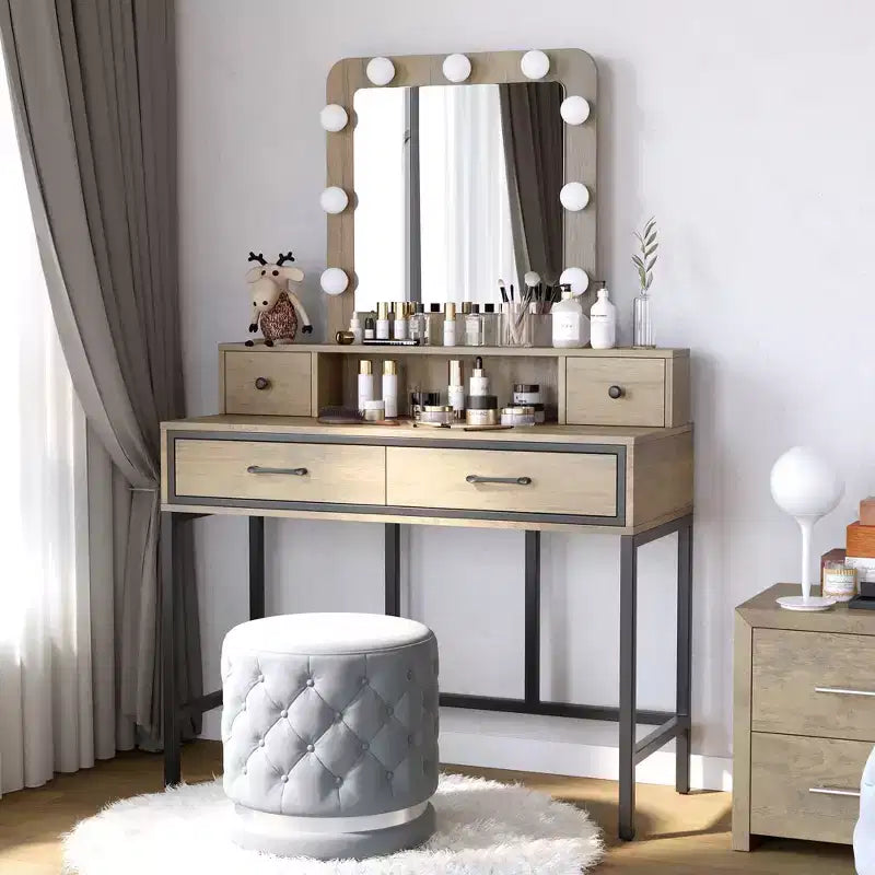 Heynemo Tavolo da Trucco con Specchio Hollywood Illuminato a 3 Colori Dimmerabili, Vanity per Trucco con 4 Cassetti