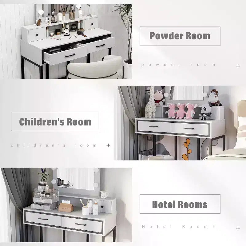 Heynemo Tavolo da Trucco con Specchio Hollywood Illuminato a 3 Colori Dimmerabili, Vanity per Trucco con 4 Cassetti