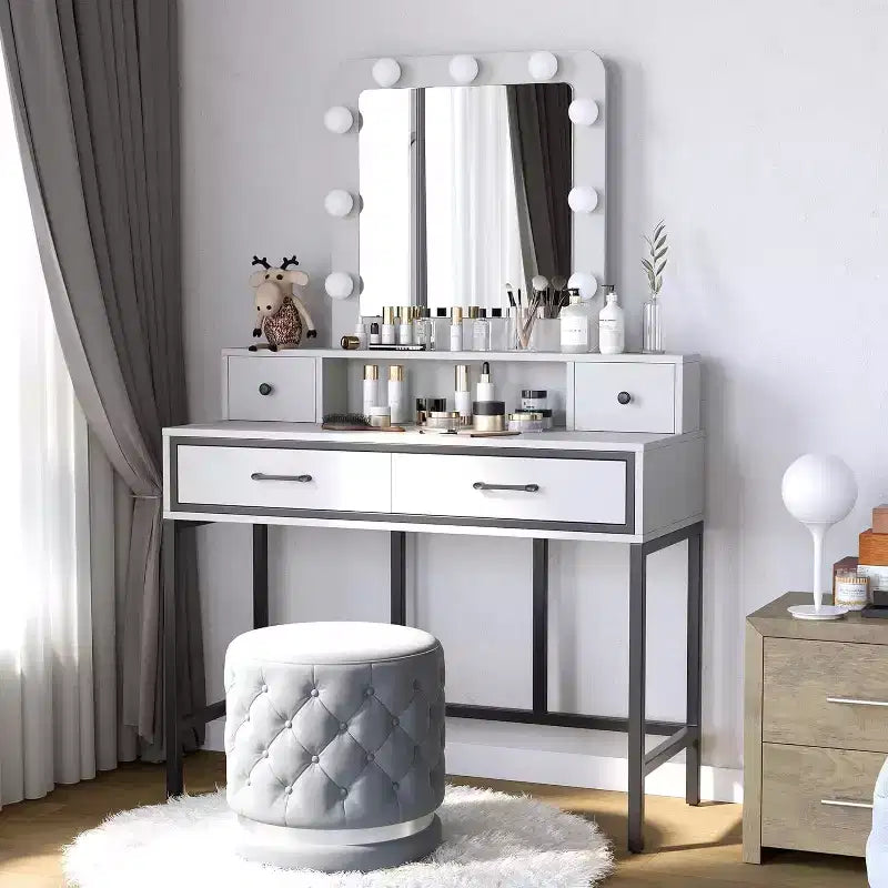 Heynemo Tavolo da Trucco con Specchio Hollywood Illuminato a 3 Colori Dimmerabili, Vanity per Trucco con 4 Cassetti
