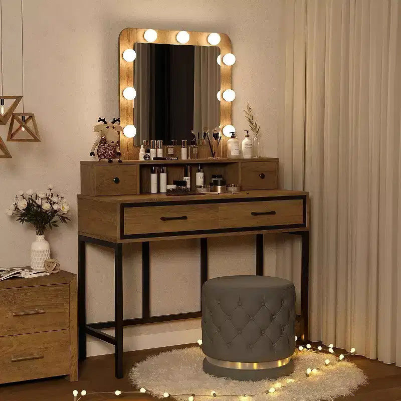 Heynemo Tavolo da Trucco con Specchio Hollywood Illuminato a 3 Colori Dimmerabili, Vanity per Trucco con 4 Cassetti