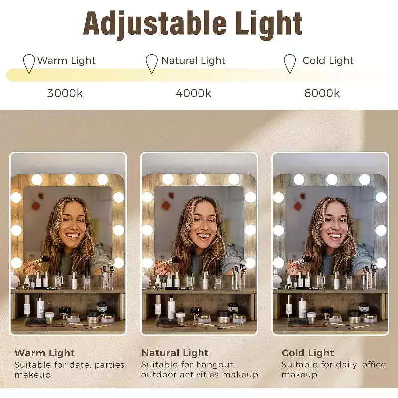 Heynemo Tavolo da Trucco con Specchio Hollywood Illuminato a 3 Colori Dimmerabili, Vanity per Trucco con 4 Cassetti