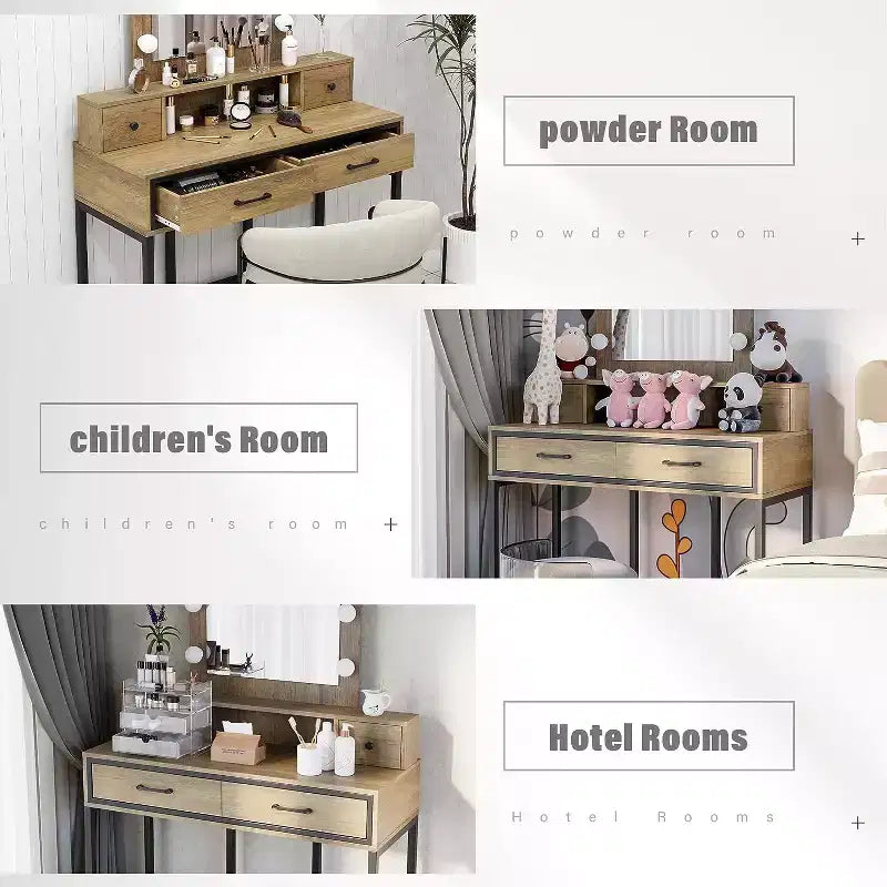 Heynemo Tavolo da Trucco con Specchio Hollywood Illuminato a 3 Colori Dimmerabili, Vanity per Trucco con 4 Cassetti