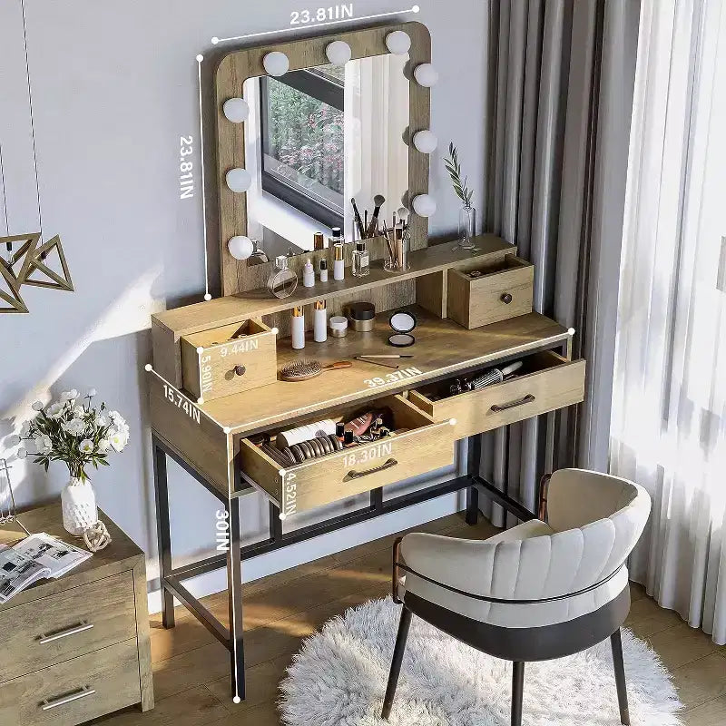 Heynemo Tavolo da Trucco con Specchio Hollywood Illuminato a 3 Colori Dimmerabili, Vanity per Trucco con 4 Cassetti