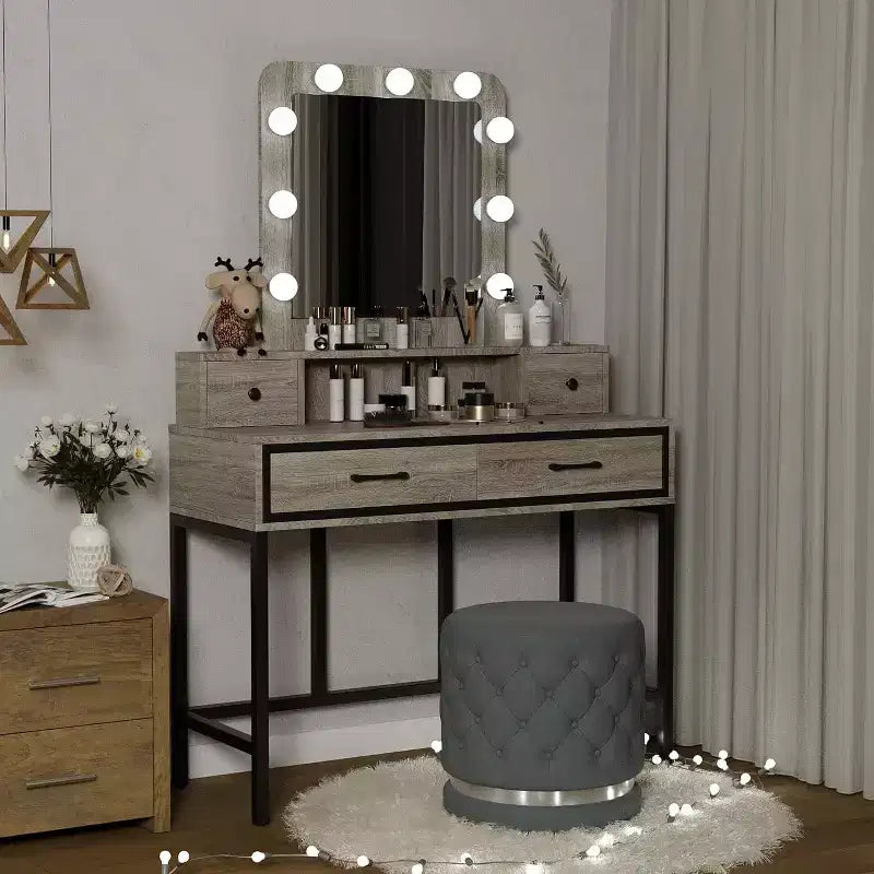 Heynemo Tavolo da Trucco con Specchio Hollywood Illuminato a 3 Colori Dimmerabili, Vanity per Trucco con 4 Cassetti