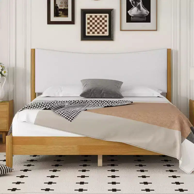 Letto a piattaforma imbottito queen-size, testiera in velluto Teddy, struttura in legno di gomma, 1 persona
