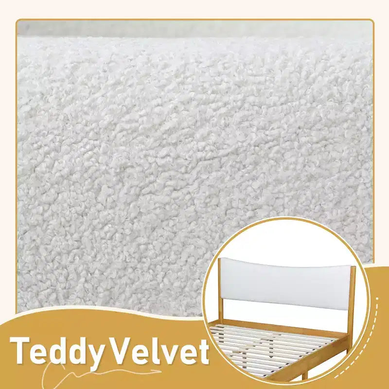 Letto a piattaforma imbottito queen-size, testiera in velluto Teddy, struttura in legno di gomma, 1 persona