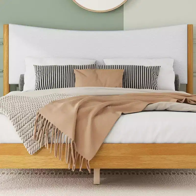 Letto a piattaforma imbottito queen-size, testiera in velluto Teddy, struttura in legno di gomma, 1 persona