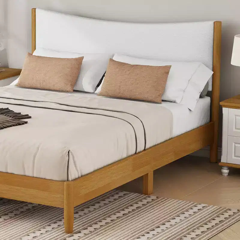 Letto a piattaforma imbottito queen-size, testiera in velluto Teddy, struttura in legno di gomma, 1 persona