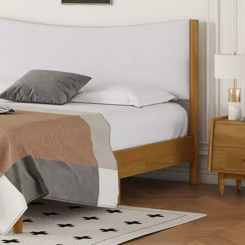Letto a piattaforma imbottito queen-size, testiera in velluto Teddy, struttura in legno di gomma, 1 persona