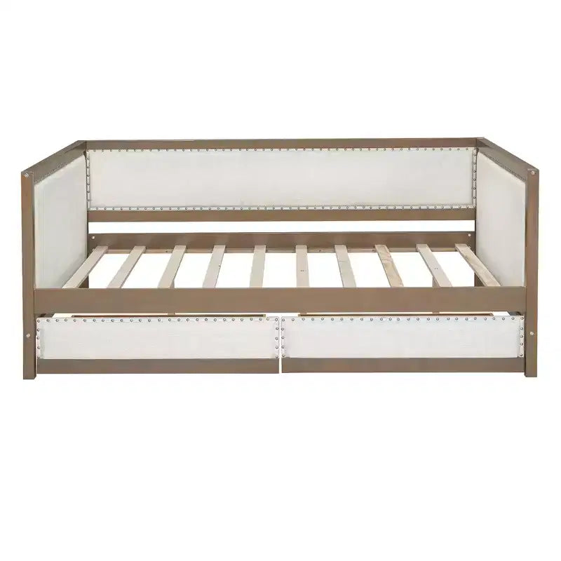 Divano letto imbottito in lino grigio con letto estraibile, borchie decorative – 2 posti letto