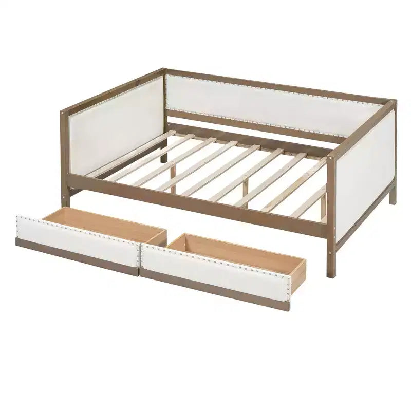 Divano letto imbottito in lino grigio con letto estraibile, borchie decorative – 2 posti letto