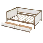 Divano letto imbottito in lino grigio con letto estraibile, borchie decorative – 2 posti letto