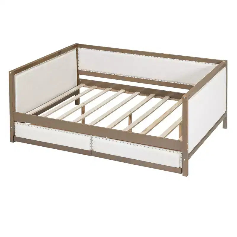 Divano letto imbottito in lino grigio con letto estraibile, borchie decorative – 2 posti letto