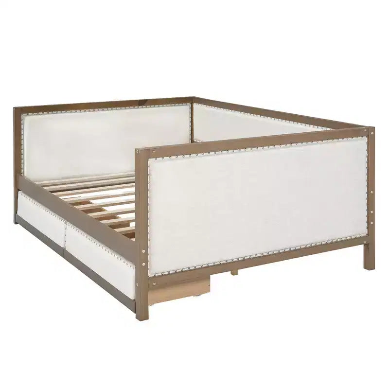 Divano letto imbottito in lino grigio con letto estraibile, borchie decorative – 2 posti letto