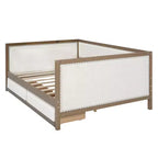 Divano letto imbottito in lino grigio con letto estraibile, borchie decorative – 2 posti letto