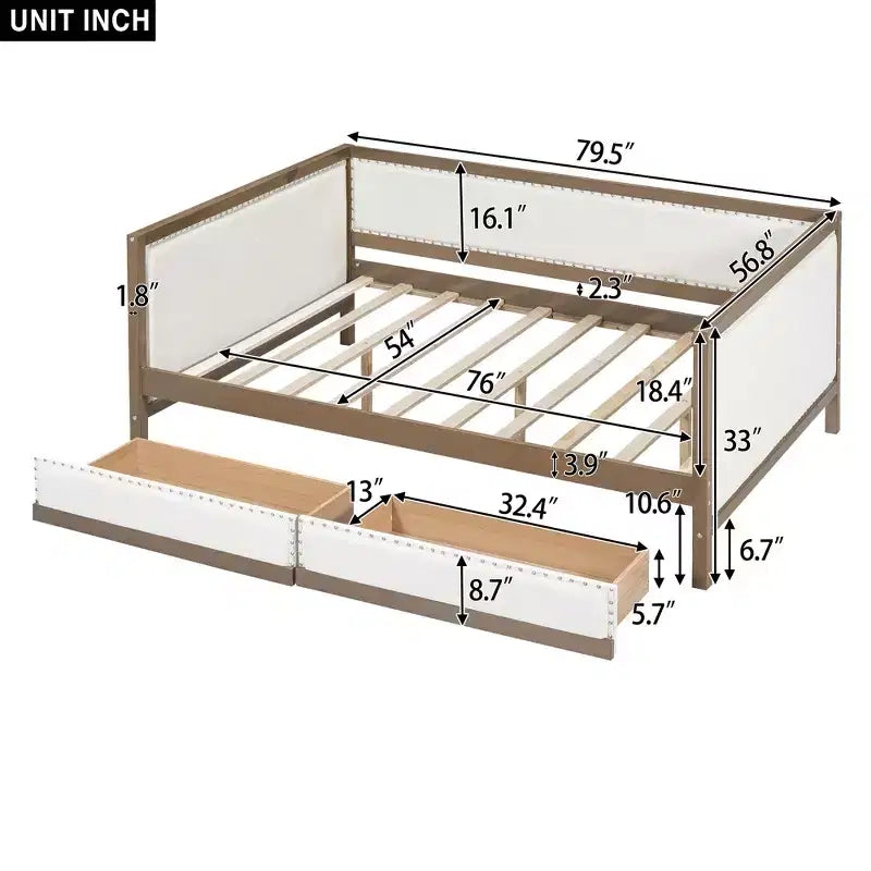 Divano letto imbottito in lino grigio con letto estraibile, borchie decorative – 2 posti letto