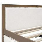 Divano letto imbottito in lino grigio con letto estraibile, borchie decorative – 2 posti letto