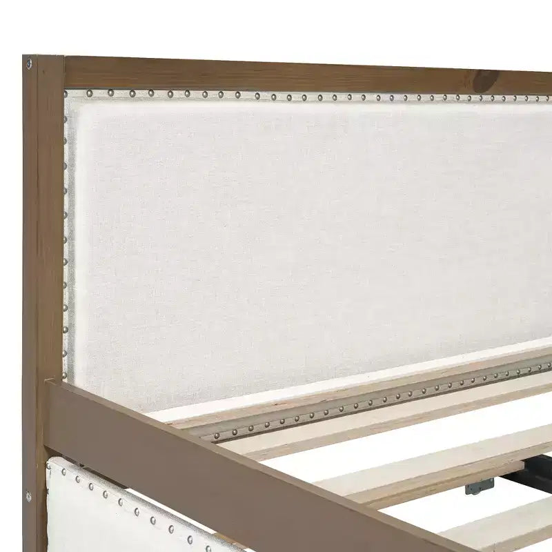 Divano letto imbottito in lino grigio con letto estraibile, borchie decorative – 2 posti letto