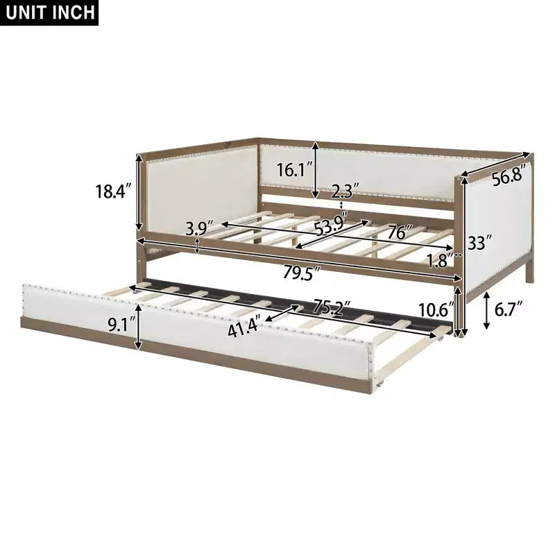 Divano letto imbottito in lino grigio con letto estraibile, borchie decorative – 2 posti letto