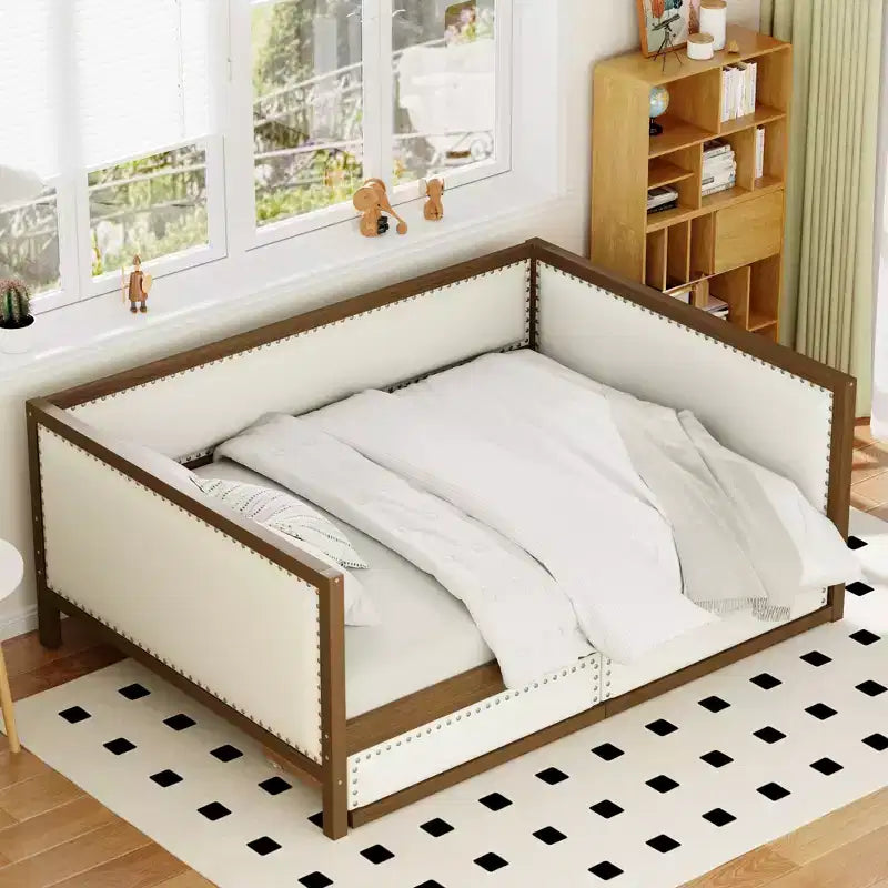 Divano letto imbottito in lino grigio con letto estraibile, borchie decorative – 2 posti letto