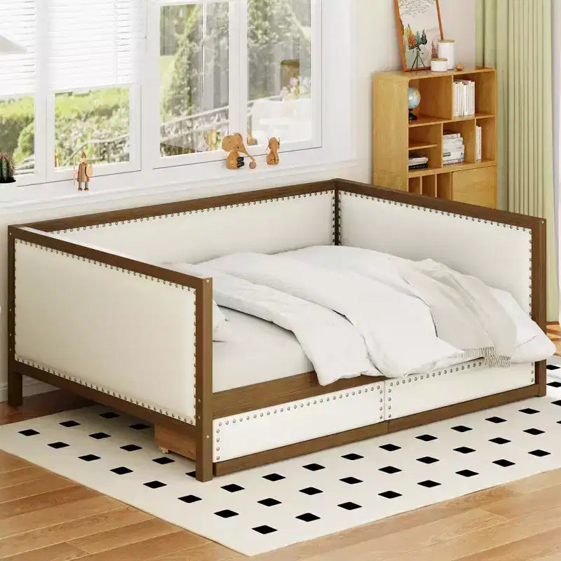 Divano letto imbottito in lino grigio con letto estraibile, borchie decorative – 2 posti letto