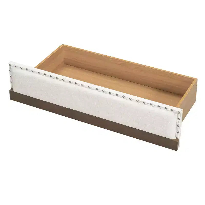 Divano letto imbottito in lino grigio con letto estraibile, borchie decorative – 2 posti letto