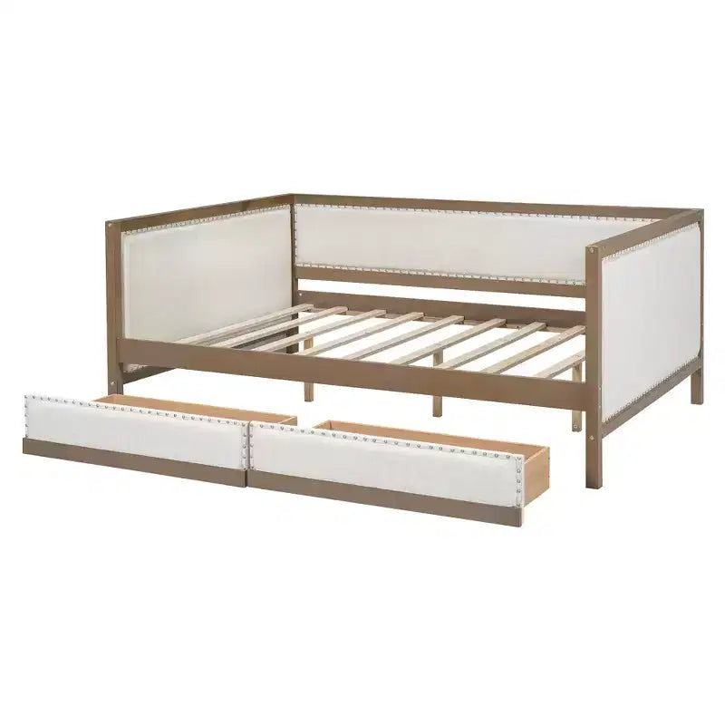 Divano letto imbottito in lino grigio con letto estraibile, borchie decorative – 2 posti letto