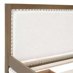 Divano letto imbottito in lino grigio con letto estraibile, borchie decorative – 2 posti letto