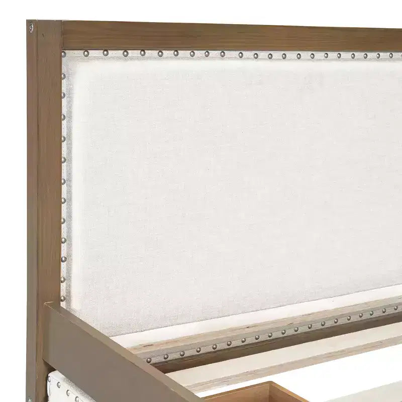 Divano letto imbottito in lino grigio con letto estraibile, borchie decorative – 2 posti letto