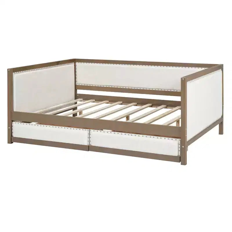 Divano letto imbottito in lino grigio con letto estraibile, borchie decorative – 2 posti letto
