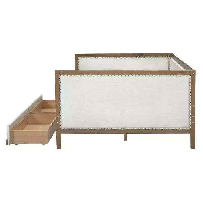 Divano letto imbottito in lino grigio con letto estraibile, borchie decorative – 2 posti letto