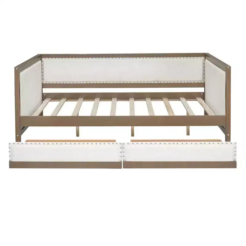 Divano letto imbottito in lino grigio con letto estraibile, borchie decorative – 2 posti letto