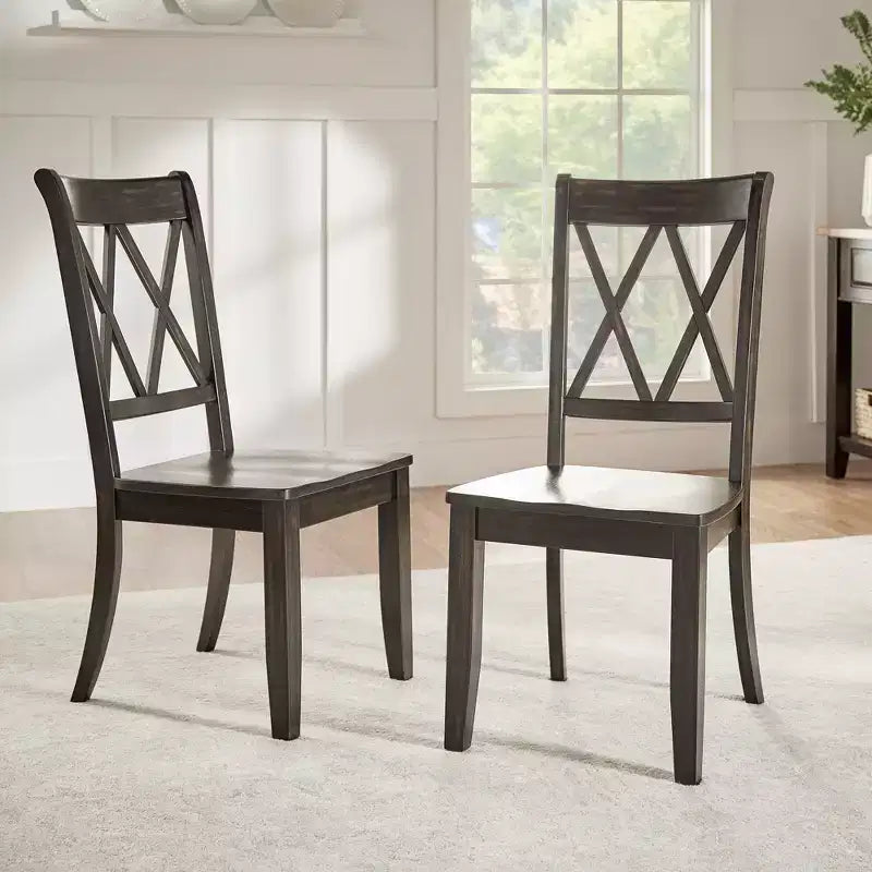 Sedia da pranzo in legno senza braccioli con doppio schienale a X, vari colori, set da 2