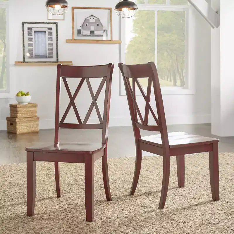 Sedia da pranzo in legno senza braccioli con doppio schienale a X, vari colori, set da 2
