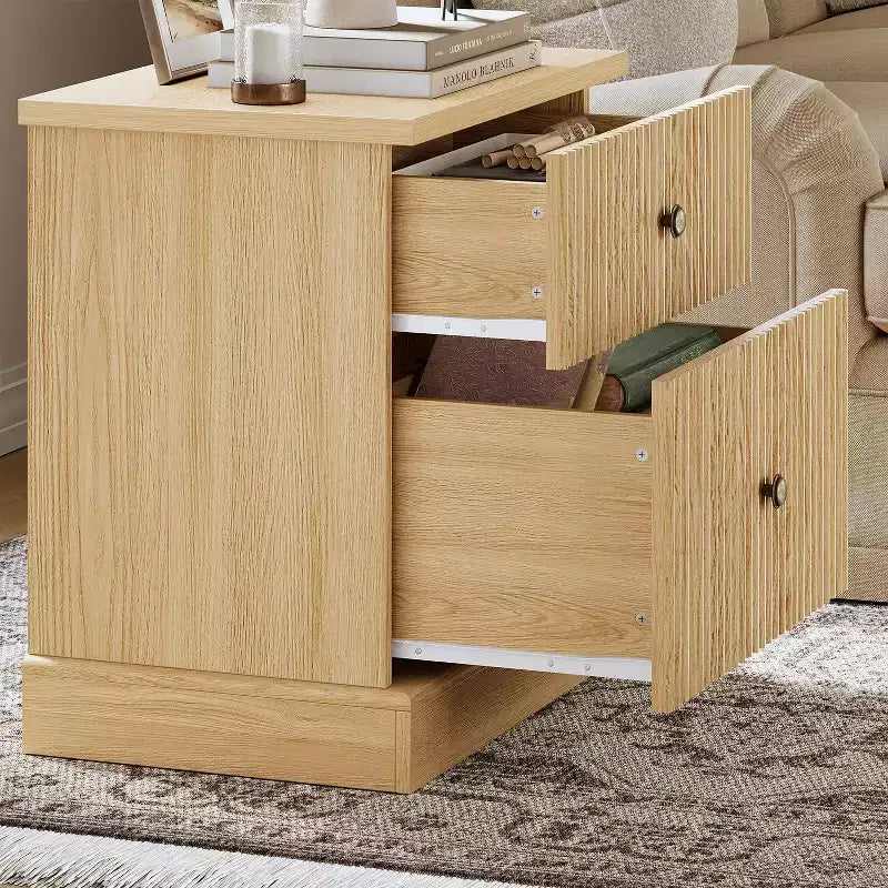 Comodino a 2 cassetti con scanalature in rovere chiaro, stile moderno di metà secolo, singolo