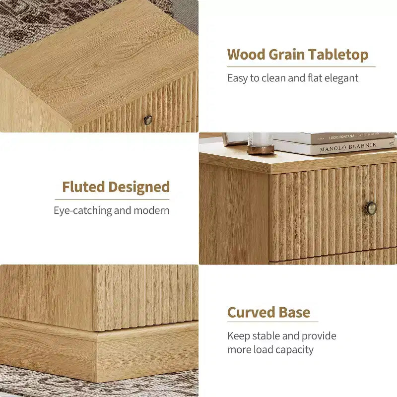 Comodino a 2 cassetti con scanalature in rovere chiaro, stile moderno di metà secolo, singolo